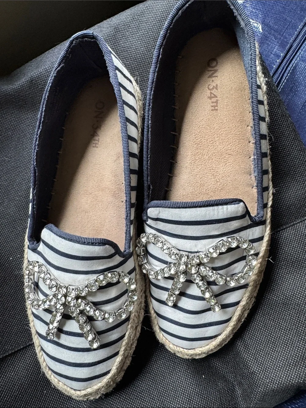 On 34th Navy Stripe Espadrille Loafer with Crystal Accent